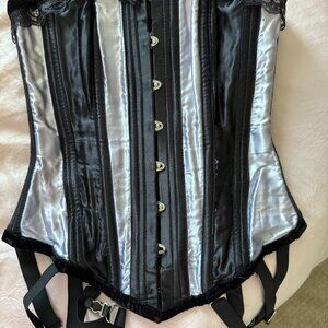 Black & Silver Overbust Corset | Gothic Glam | Needs Small Repair